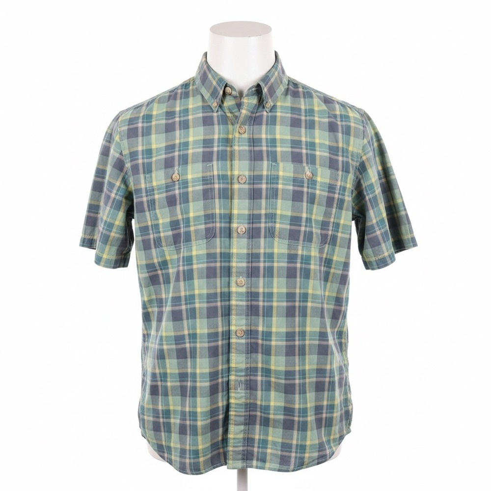 Duluth Trading Co Plaid Shirt Mens M Green Yellow Slim Fit Short Sleeve Cotton
